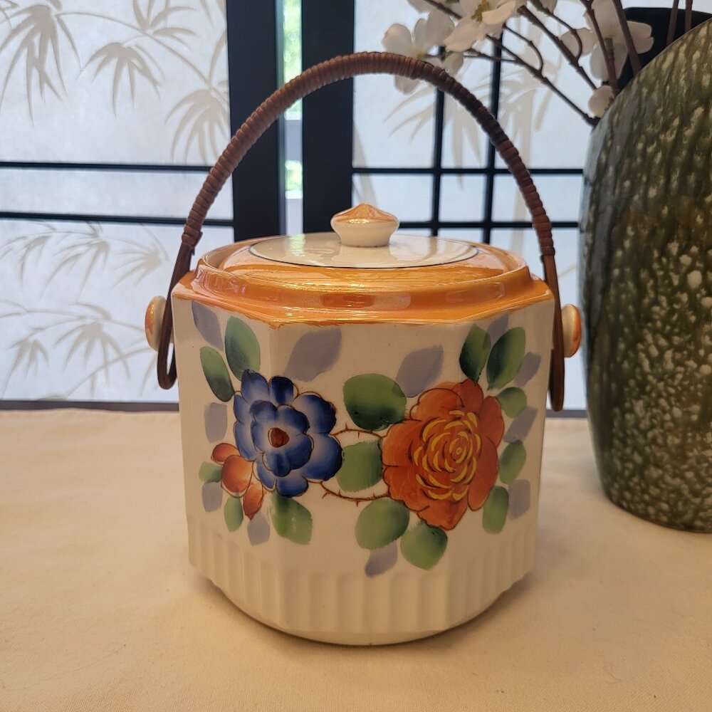 Vintage Iridescent Floral Lustre Ware Biscuit Barrel Cookie Jar w/ Rattan Handle